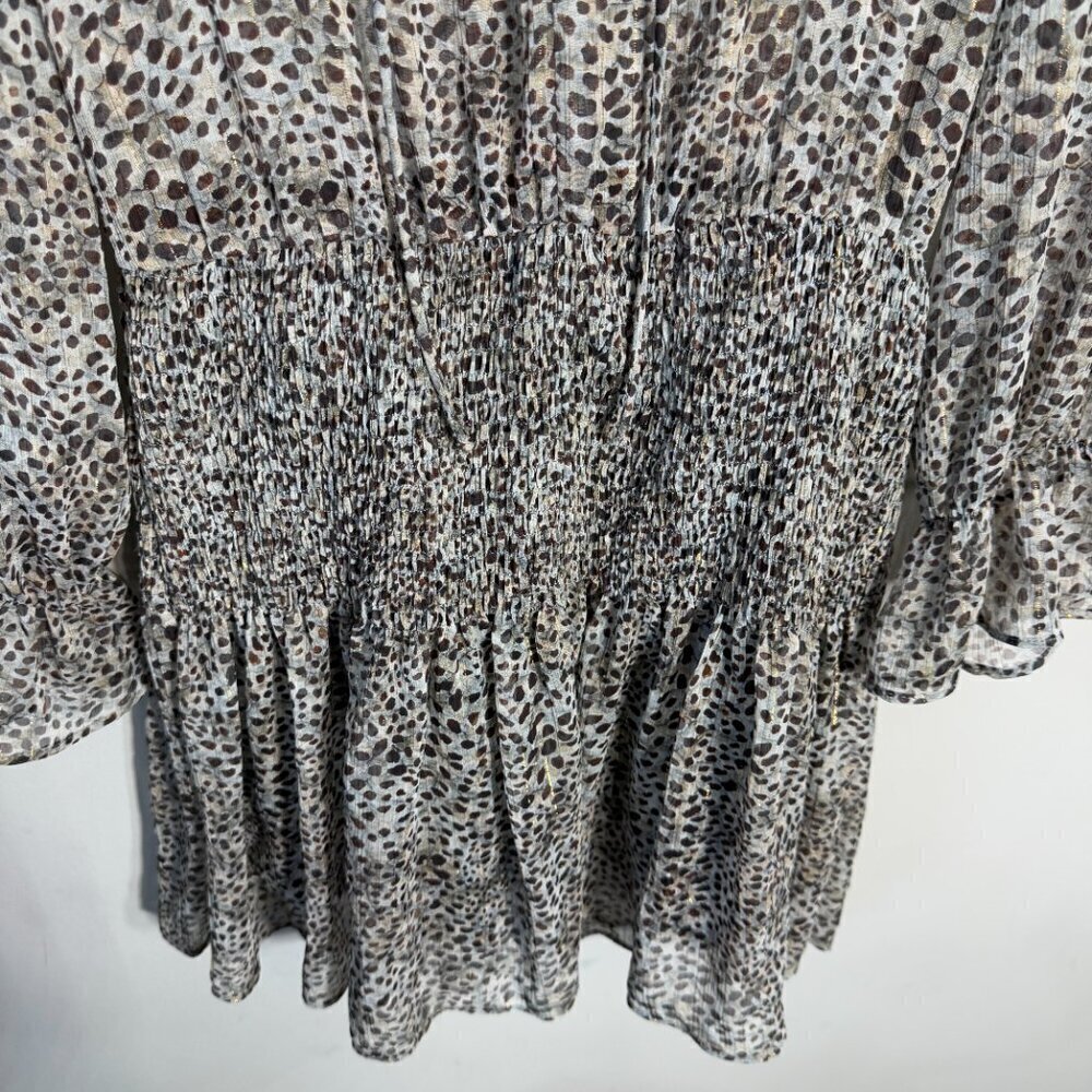 Zara Long Sleeve Animal Print Smocked Mini Dress Women's Medium Brown Sheer Sexy - Picture 12 of 16
